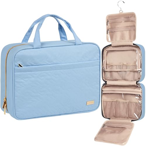 NISHEL Travel Toiletry Bag for women, Portable Hanging Organizer for Family-Sized Shampoo, Conditioner, Brushes Set, Makeup Accessories, Extra Large Size, Placid-Blue