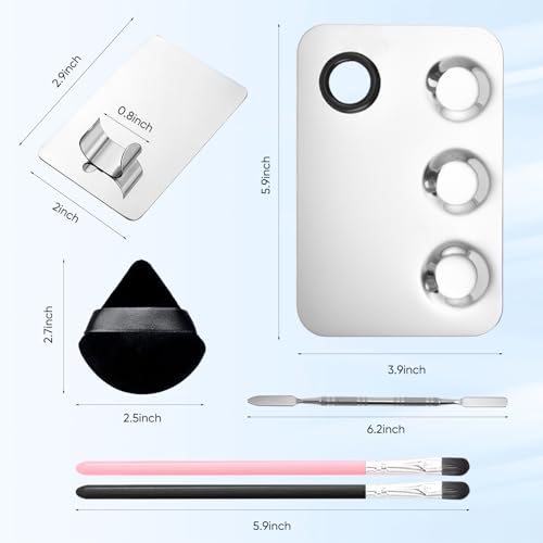 Stainless Steel Cosmetic Palette with Spatula, 3-well Mixing Makeup Palette and 3-dents Nail-art Mixer Metal Tray, also Fine Eyeliner Brush and Powder Puffs .Professional Makeup Palette with Spatula