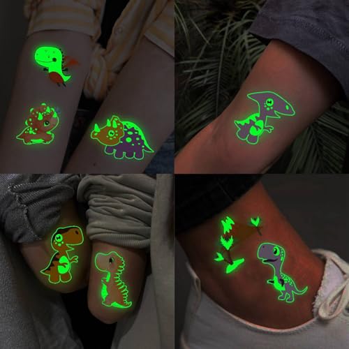15 Sheets Glow in The Dark Cartoon Dinosaur Temporary Tattoos For Kids Boys Girls Face Hands, Night Glowing Luminous Tattoo Stickers Dino Tatoos Children, Party Stocking Stuffer Goodie Bags Fillers