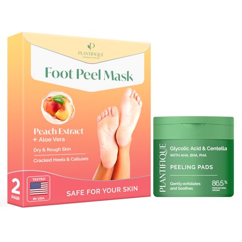 PLANTIFIQUE Korean Glycolic Acid Pads with CICA 60 Pcs and Foot Peeling Mask 2 Pack Peach