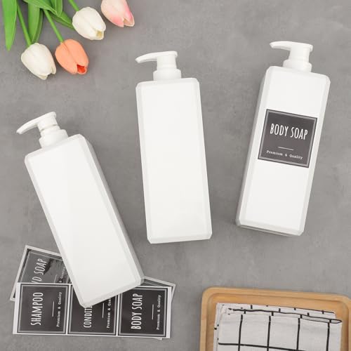 Segbeauty 33.8oz Square Plastic Soap Dispenser Refillable, 3pcs Large Empty Soap Dispenser Bathroom Kitchen, White 1000ml Shampoo Pump Bottle Set, Lotion Body Wash Hand Wash Bottles with Labels