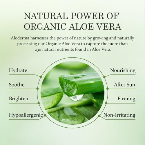 Aloderma 99% Organic Pure Aloe Vera Gel Made within 12 Hours of Harvest, 17.6oz Value Pump, Lightweight Non-Sticky Aloe Vera Gel for Sunburn Relief, Natural, Soothing Aloe Vera for Face & Hair