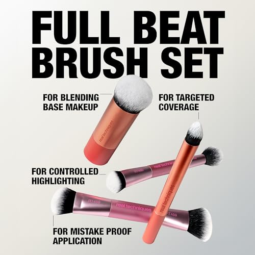 Real Techniques Full Beat Makeup Brush Set, 4 Piece Brush Kit for Foundation, Concealer, Blush, Contour, Highlight & Powder Blending, Travel Set, Soft UltraPlush Bristles, Cruelty-Free