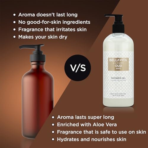 Bella Vita Luxury OUD WHITE Body Wash Shower Gel for Women & Men | 500ml | Unisex Bodywash with Aloe Vera Extract | Deep Cleansing, Hydrating, Moisturising | Suitable for All Skin Types