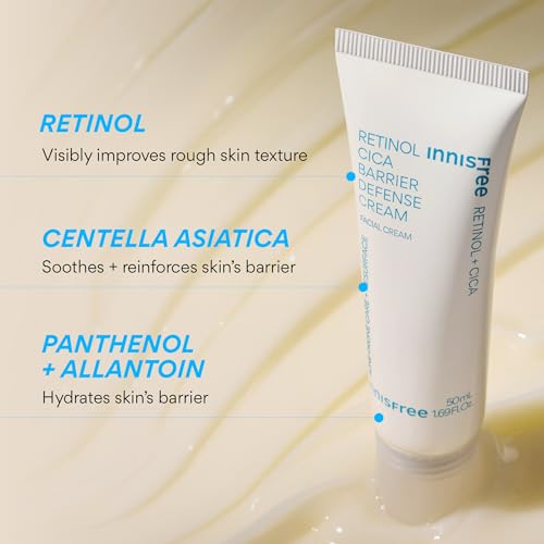 innisfree Retinol Cica Barrier Cream, Korean Moisturizer with Madecassoside for Sensitive, Acne-Prone Skin, Calming and Strengthening Formula
