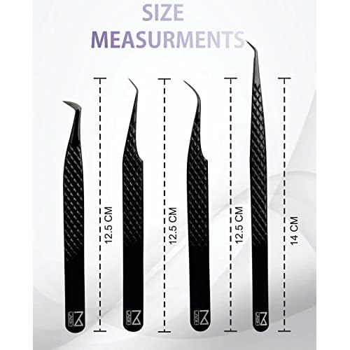 M LASH Tweezers for Eyelash Extensions (Set of 4) - Professional Lash Extension Tweezers - Fiber Tip, Japanese Steel, Diamond Grip Eyelash Extension Tweezer (Black)