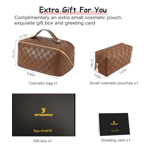 Checkered Travel Makeup Bags Cosmetic Organizer Bag: 2-Set Large Capacity Waterproof Makeup Bag - PU Leather Toiletry Bag for Women - Wide Open Portable Pouch with Handle and Divider (BROWN)