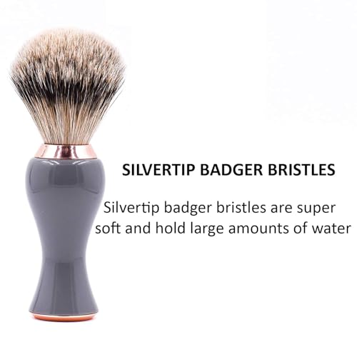 Parker Silvertip Badger Shaving Brush with Stand - Extra Dense and Extra Soft Bristles - Deluxe Gray and Rose Gold Handle - Shaving Brush for Men & Women
