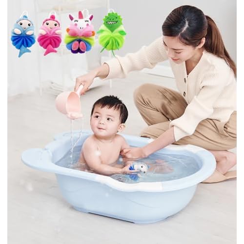 MURRI&MURRDI 4 Pack Kids Bath Sponges - Cute Animal Shower Pouf Set, Gentle Exfoliating Body Scrubber for Toddlers, Cartoon Mesh Loofah Gift for Boys & Girls