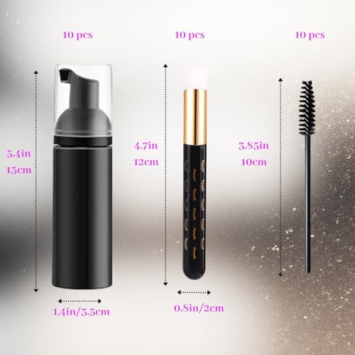 60 Pcs Lash Shampoo Bottle Brushes Kit 10 Empty Foam Pump Dispensers 10 Bath Label Stickers & Care Cards 10 Mascara Wands 10 Cleansing Brush 10 Bag for Eyelash Extensions Aftercare Branding (Black)