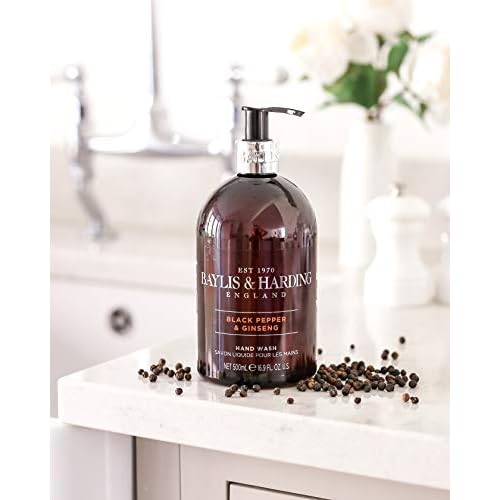 Baylis & Harding Liquid Hand Soap Wash with Dispenser, Black Pepper & Ginseng for Men, 16.9oz/500ml