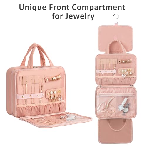 HBlife Travel Toiletry Bag with Jewelry Organizer for Women, Puffy Hanging Travel Bag for Toiletries with Trolley Belt, Waterproof Makeup Cosmetic Bag Organizer, Travel Accessories Essentials(Pink, M)
