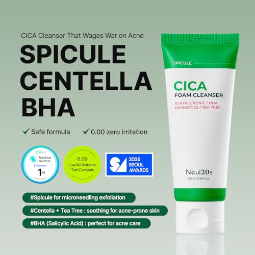 Spicule CICA Foam Cleanser, 3.38 fl oz/100ml | Hydrating Korean Face Wash with Centella Asiatica, Hyaluronic Acid & Tea Tree, Gentle Daily Cleanser for Sensitive & Acne-Prone Skin