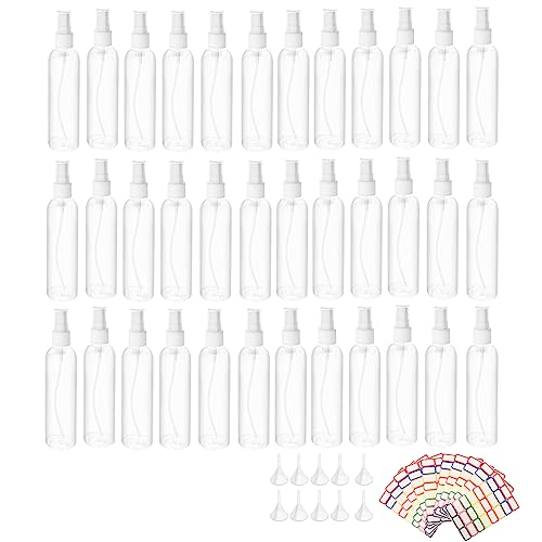 36 Pack 4oz Plastic Spray Bottles Bulk, Mini Clear Spray Bottles Fine Mist, 120ml Empty Spray Bottle for Travel Perfume Essential Oils Makeup Bottles (10 Funnel, 10 Labels)