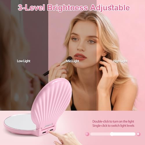 Compact Makeup Mirror with Lights Travel Vanity Mirror with Lights Small Compact Mirror 2x/10x Magnification & LED Lighted, Magnifying Mirror Portable Adjustable Rechargeable, Pink