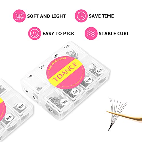 TDANCE 600 Fans Premade Fans Eyelash Extensions Natural & Volume Mixed Length Premade Lash Fans 5D-24D Handmade Promades Eyelash Fans C/D Curl Loose Fans(600-10D-0.07-D-8-15mm)