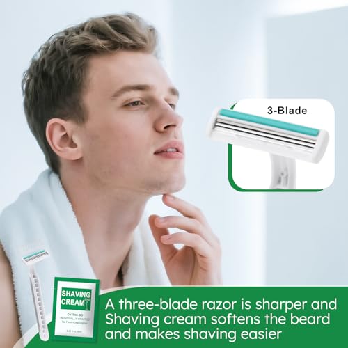 Disposable Razors Bulk - Pack of 30,Individually Wrapped Grey 3 Blade Razors with 8 ml/0.28 fl oz Packet Shaving Cream and Clear Cap for Homeless,Hotel,Shelter,Travel