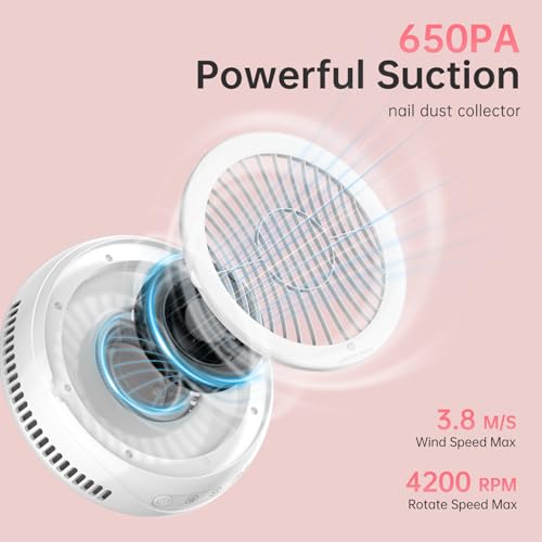 Nail Dust Collector, Cordless Dust Collector Nail Tech, Powerful 4200RPM Vacuum Fan Vent Dust Collector Extractor Dust Suction Machine for Acrylic Nails Polishing, Nail Salon&Home