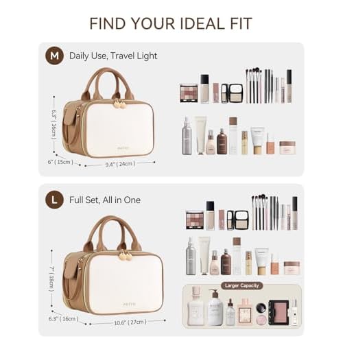 Prite Makeup Bag for Women, Large Capacity Waterproof Travel Cosmetic Organizer, Portable Open Flat Toiletry Bag with Free-standing Brush Holder and Handle(Beige Brown Medium)