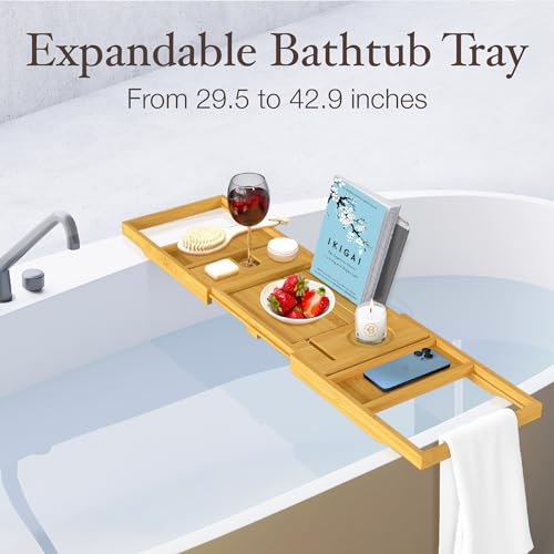 Wooden Bathtub Tray - Foldable Expandable Bamboo Bath Tray for Tub with Wine Holder, Book & Tablet Stand - Bath Caddy for Bathtub, Spa Bath Accessories for Women, Tub Tray Table, Gift for Her or Him