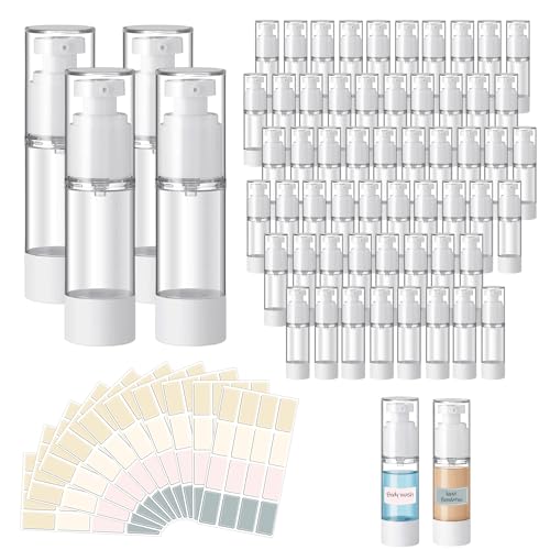60 Pcs Clear Airless Pump Bottles 1oz/30ml Refillable Cosmetic Travel Size Dispenser Vacuum Plastic Travel Bottles Empty Lotion Pump Dispenser Liquid Toiletry Container with Labels