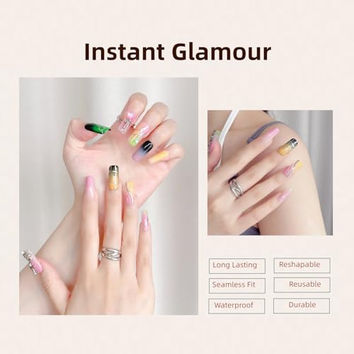 Handmade Press on Nails - Middle Long Square | Multicolored Stripes | Reusable False Nails 10 Pcs (Overturned Palette, L)