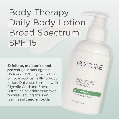 Glytone Daily Body Lotion with SPF 15?Broad Spectrum Sunscreen Moisturizer for Body ?Spf Lotion with Glycolic Acid & Shea Butter ? Sensitive Skin Sun Screen ? Gives Non Greasy Sun Protection ? 12 oz