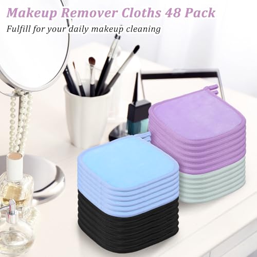 48 Pcs Makeup Remover Cloths Reusable Washable Remover Pads Soft Microfiber Washcloths Facial Cloths Makeup Towels for Women, 5.5 x 6.3 Inch(8 Colors)