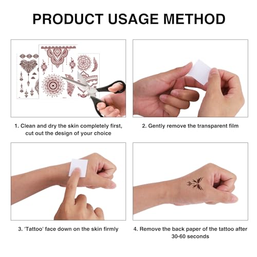 20 Sheets Brown Henna Tattoo Kit, Lace Fake Tattoos Temporary Waterproof Henna Tattoo Stickers Body Art Decorations for Women Wedding Party
