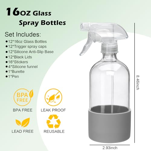 16oz Glass Spray Bottles,Empty Reusable Spray Bottles,Glass Spray Bottles for Cleaning,Refillable Containers with Spray Nozzles for Cleaning,Window Cleaner,Hair Care,Flowers12 Pack
