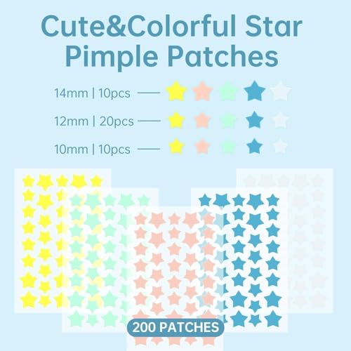 200 Count Star Pimple Patches for Face, Hydrocolloid Acne Pimple Patches with Tea Tree Oil for Party Gift Covering Zits Blemishes