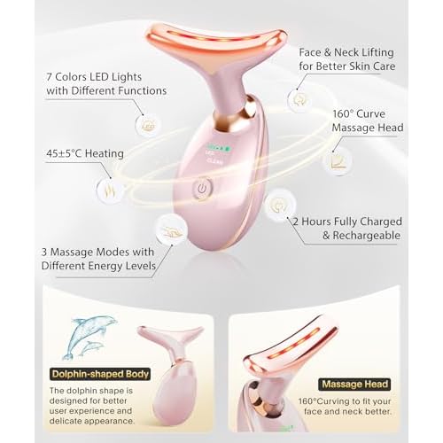 Light Based Face-Neck-Massager - 7 Color Portable Facial Massager for Skin Care, Glossy Pink