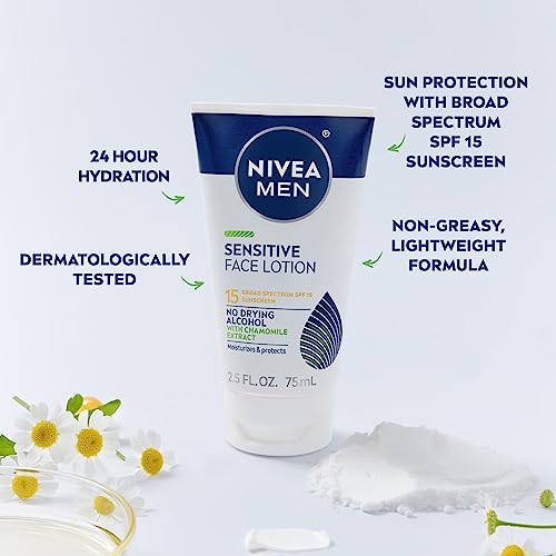 NIVEA MEN Sensitive Face Lotion with SPF 15,Broad Spectrum Sunscreen of 2.5 Fl Oz Tubes,(Pack of 6)