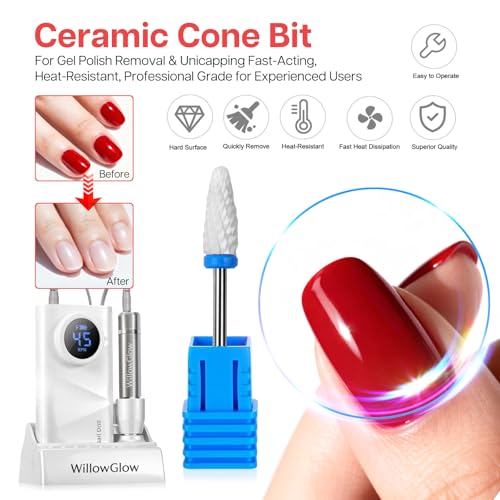 Professional Nail Drill with Charging Dock & Ceramic/Tungsten Bits, 45000RPM Stepless Speed Cordless Efile for Fast Acrylic Gel Removal, Electric Nail File Machine for Home Salon Use (White)
