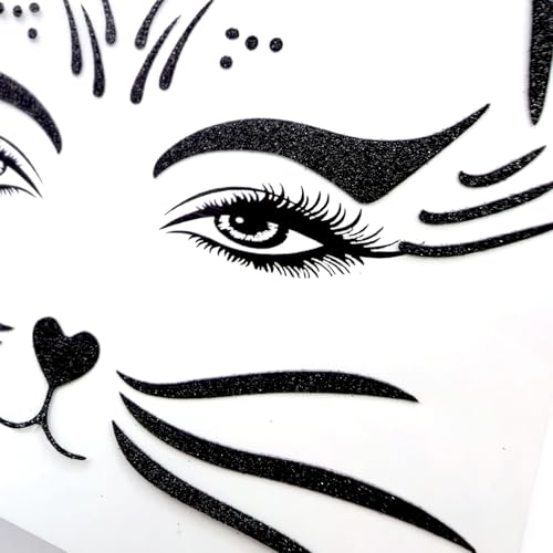 2 Pack Halloween Cat Temporary Tattoos - Glitter Halloween Face & Body Stickers for Women, Realistic Animal Skin Decals for Cosplay, Makeup & Festive Looks (4-black cat)