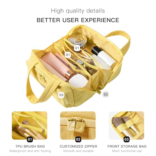Makeup bag, Large Capacity Cosmetic Bag for Women, Portable Wide-open Toiletry Bag, Travel Makeup Bag with TPU Compartments for Accessories, Essentials, Toiletries, Makeup Brush Bag, Yellow