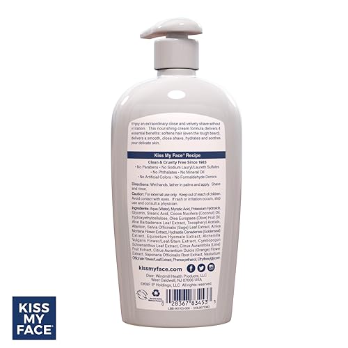 Kiss My Face Moisture Shave Cream, Fragrance Free Shaving Cream for Men and Women, 11 oz Pump Bottle, 4 Pack (Packaging May Vary)