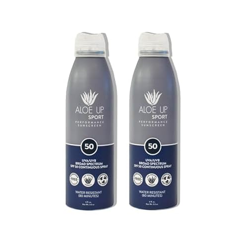 Aloe Up Sport Continuous Spray Sunscreen SPF 50- Broad Spectrum UVA/UVB Sunscreen Protector for Face and Body With Aloe Vera Gel Fast Absorbing Sheer Formula Reef Safe Fragrance-Free - 6 Oz 2 pack