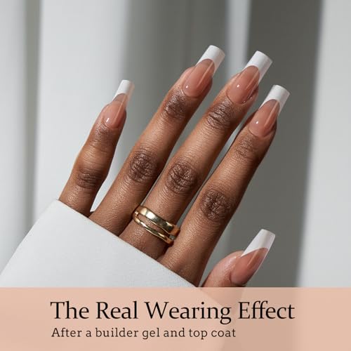 btartboxnails XCOATTIPS - Builder Gel Top Coat Set, Long Square French Tip Press on Nails with Builder Gel Top Coat Set