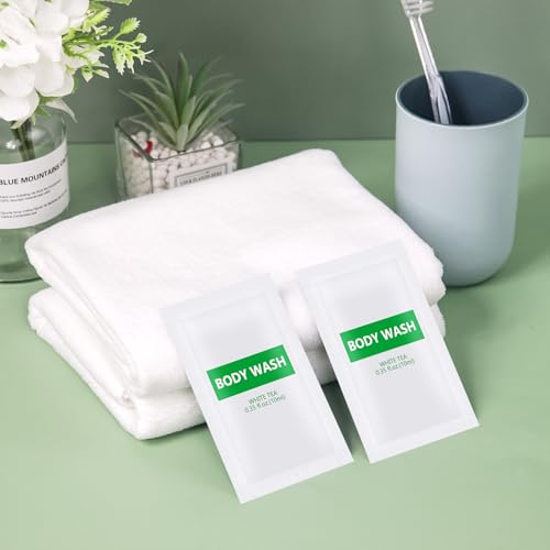 500 pack Travel Size Body Wash Bulk Individually Wrapped - Refreshing Mini Shower Gel Single Use Supplies for Homeless Care Hotel Guests, White Tea Scent,0.35 fl oz/10ml