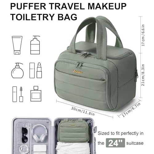 Travel Toiletry Bag for Women, Lightweight Large Quilted Puffy Makeup Bag Wide-open Make up Organizer Cloud Cosmetic Bag w/Handle for Traveling Toiletries Essentials Accessories Sage Green