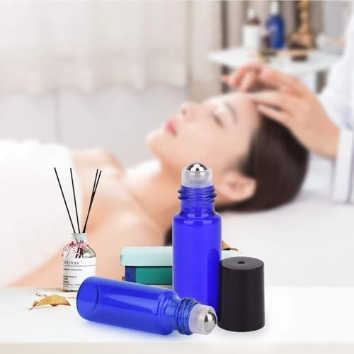 Easytle 96 Pack Essential Oil Roller Bottles 5ml Blue Glass, Reusable, Leak-Proof, UV Protection, Travel & Personal Care, 384 Labels, 8 Opener, 16 Funnels, 16 Droppers