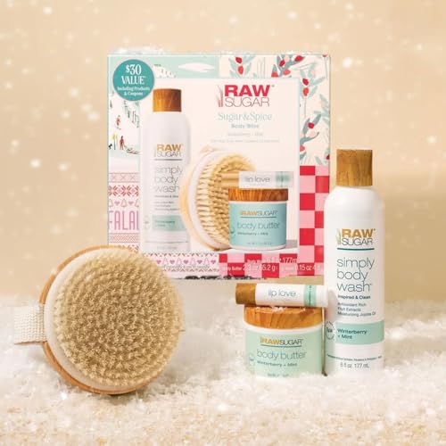 Raw Sugar Body Bliss Gift Set, Winterberry + Mint, Body Wash 6 fl oz, Body Butter 2.3 oz, Lip Balm and Body Brush