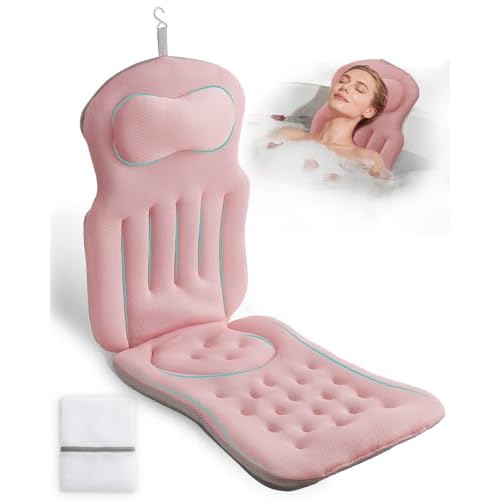 Full Body Bath Pillow for Bathtub, 5D Thick Tub Pillow for Bathtub with 192 Non-Slip Suction Cups, Laundry Bag & Hook, Bathtub Pillow for Head, Neck & Back Support (Pink, 51"*15")