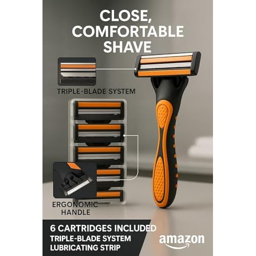 Triple Blade Razor for Men ? Lubricating Strip Shaving System with Anti-Slip Handle & 6 Replacement Cartridges ? Smooth & Comfortable Shave