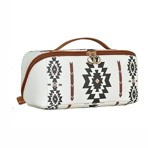 Boho Western Makeup Bag for Women Aztec Waterproof Travel Cosmetic Organizer Spacious PU Leather Toiletry Bag with Tribal Print for Everyday Use and Weekend Trips
