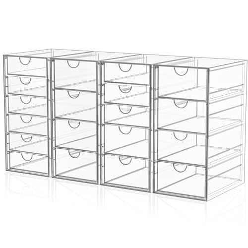 Acrylic Makeup Organizer with 19 Drawers, 4 Pack Clear Storage Drawers, Bathroom Makeup Organizer for Palettes, Cosmetic, and Beauty Supplies,Ideal for Vanity, Cabinet,Desk Organization