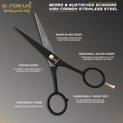 5" Premium Beard Mustache Scissors, Black High Carbon Stainless Steel Beard Scissors with 1 Beard Comb, 1 Mustache Comb, 2 Stickers and Tarvel Pouch. Beard Trimming Scissors for All Facial Hair