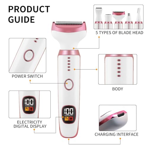 Electric Razors for Women, Bikini Trimmer for Women 5 in 1 Body Shaver for Nose Hair Face Eyebrow Arms Legs Armpit Underarm Pubic Area, Replaceable Lady Facial Razor Painless USB Charge Female Gift