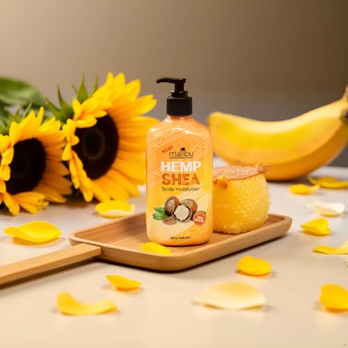 Malibu Hemp Shea Body Moisturizer with Sunflower Oil and Shea Butter, Vanilla Amber Scent, 18 fl oz, Aplication Mitt Included